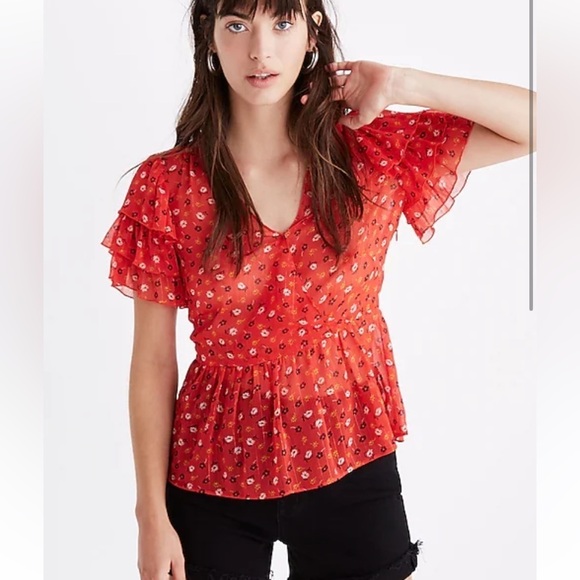 Madewell Red Tiered-Sleeve Peplum Top in Metallic Prairie Posies - Picture 1 of 17
